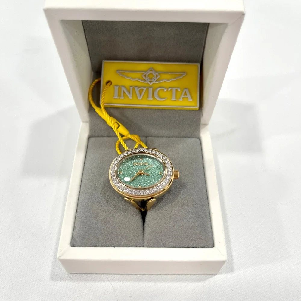 Invicta Angel 49602 Women Gold Tone Green Glitter Dial Crystal Oval Ring Watch